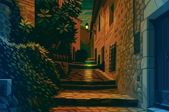 A quiet night scene from Tossa de Mar on the Costa Brava, showing a narrow cobblestone alley illuminated by a warm streetlamp. Stone walls, wooden doors, and shuttered windows
