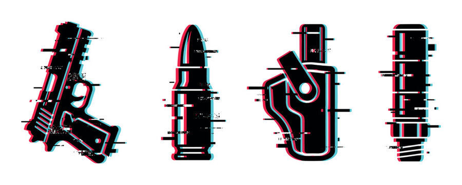 Handgun, bullet, holster, and baton icons featuring a modern digital glitch effect, representing security and defense concepts.