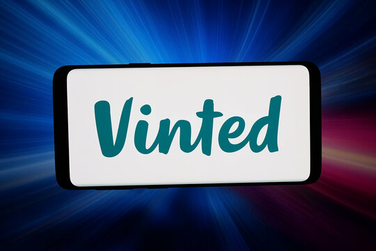 Stuttgart, Germany - 04-13-2026: In this photo illustration, the logo of e-commerce company Vinted Group UAB is displayed on a smartphone in front of abstract background on computer screen.