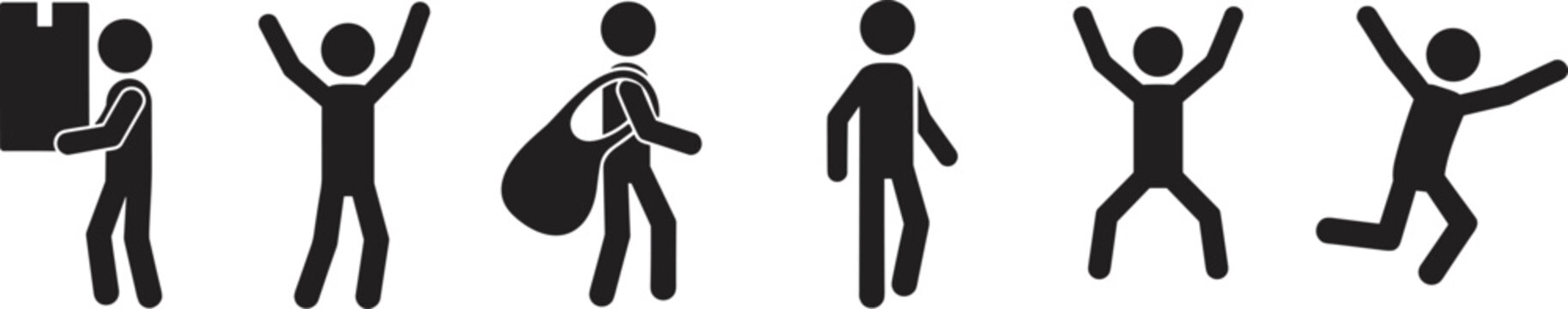 Flat vector illustration, stick figure silhouettes, human action poses icons, walking carrying jumping celebrating artwork, black white design