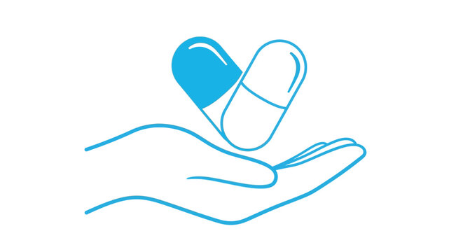Medical care symbol of hand holding a capsule with a heart shape design for health