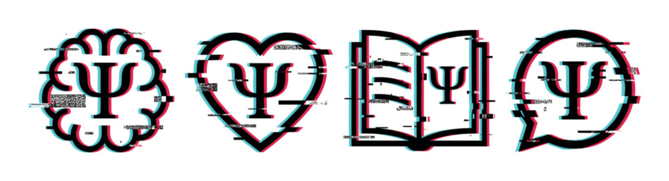 Glitch effect psychology icons with Psi symbol representing mental health, emotional well-being, learning, and communication.