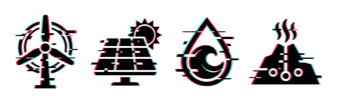 Renewable energy icons with a modern digital glitch effect, representing sustainable power generation methods for eco-friendly concepts.