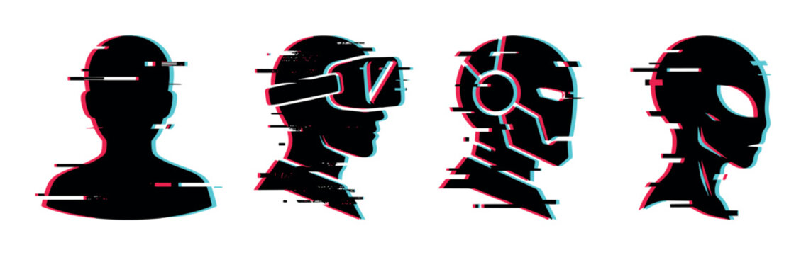 Glitch effect silhouettes of human, virtual reality, robot, and alien heads representing digital identity and future technology concepts.