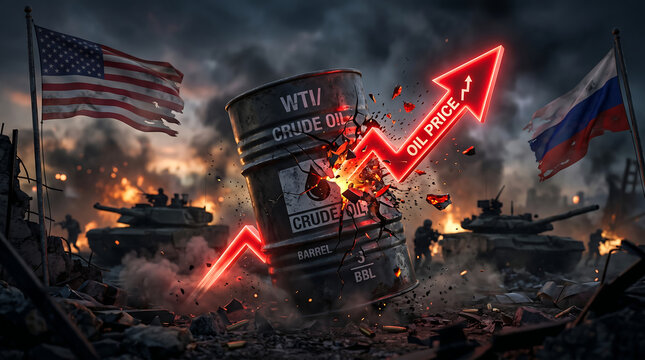 A graph shows a red arrow pointing upwards amidst a city on fire