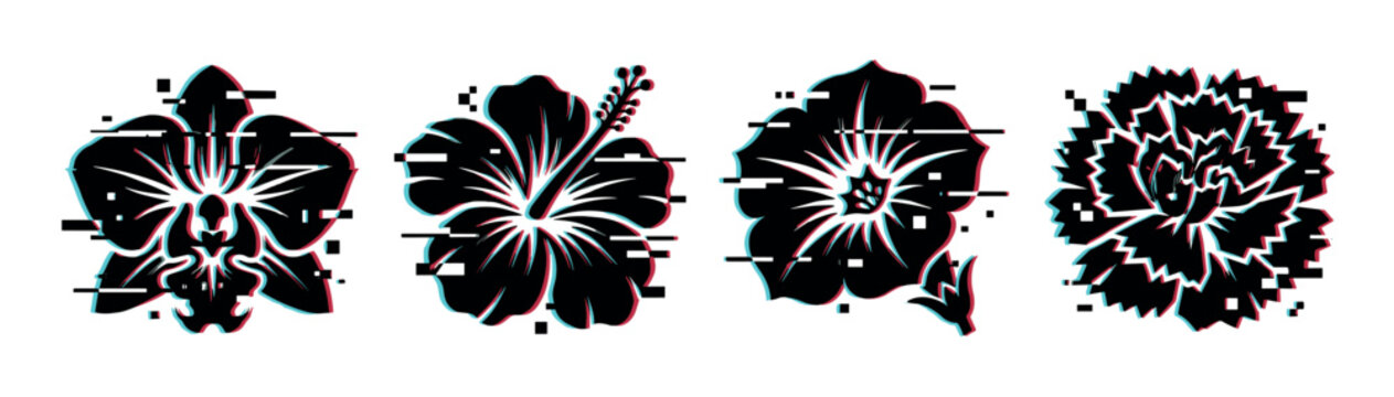 Floral glitch art vector illustration featuring various stylized blossoms with digital distortion and vibrant color shifts, creating a modern aesthetic.
