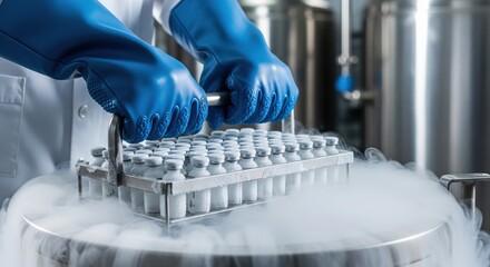 Naklejka premium Technician in thermal gloves handling frozen vaccine vials in cryogenic nitrogen storage. Professional cold chain logistics and pharmaceutical manufacturing for high-tech sector-specific supply