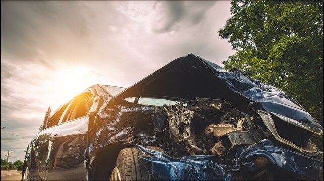 Damaged crash car accident wreck front crumpled hood broken vehicle metal engine windshield missing door open under dramatic cloudy sky with sun flare low angle perspective urban roadside scene