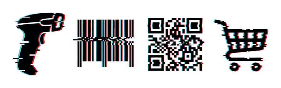 Barcode scanner, barcode, QR code, and shopping cart icons with a modern digital glitch effect representing retail technology and data processing.
