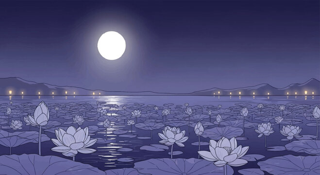 Moonlit lotus flowers, serene lake scene, purple water lilies, night landscape, vector illustration
