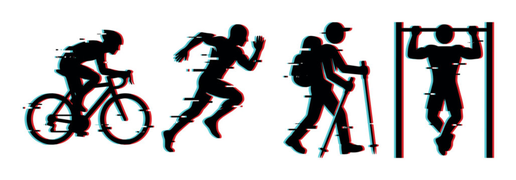 Athletic people silhouettes with digital glitch effect depicting different fitness and outdoor activities like cycling, running, hiking, and pull-ups.