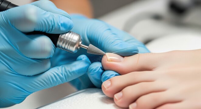 Electric drill bit refining toenail surface by gloved pedicure master shows advanced hygienic salon technique and precise professional nail preparation procedure.