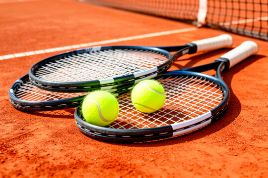 Professional tennis racquets and vibrant yellow balls resting on a surface