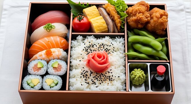 Traditional Japanese Bento Box with Sushi and Tempura.