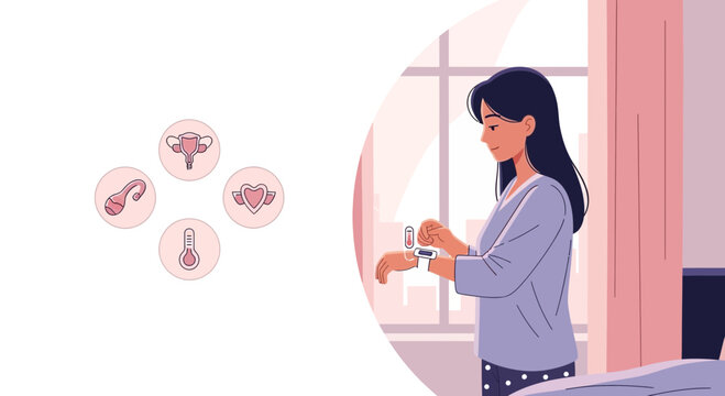 Woman using smart watch for health tracking, reproductive health symbols