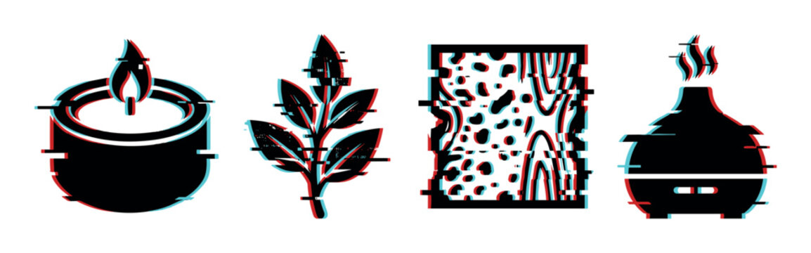 Glitch art icons of a burning candle, natural leaves, abstract pattern, and an aromatherapy diffuser for modern wellness concepts.