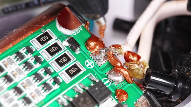 Repairing electronics with soldering technique in workshop