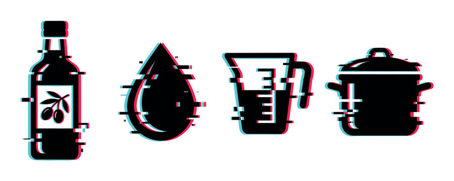 Olive oil bottle, liquid drop, measuring cup, and cooking pot icons with a modern glitch effect representing kitchen essentials and food preparation.