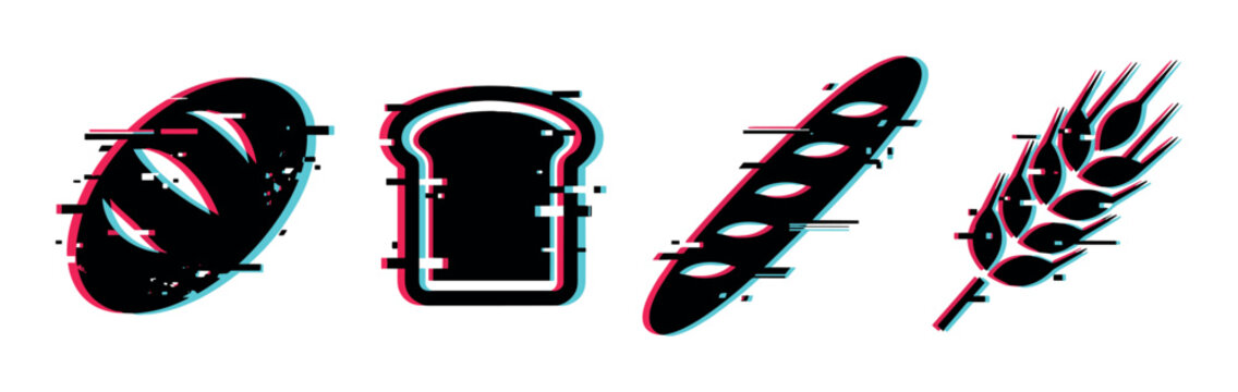 Glitch effect bread, baguette, wheat, and sliced bread icons with digital distortion, representing modern bakery and food concepts.