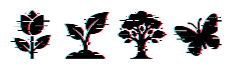 Obraz premium Glitch effect nature icons set featuring a flower, sprout, tree, and butterfly with digital distortion and modern aesthetic.