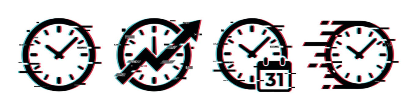 Digital glitch effect clock icons set illustrating concepts of time management, deadlines, progress, and fast-paced modern life.