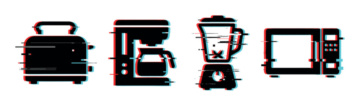 Toaster coffee maker blender microwave icons featuring a modern digital glitch effect with red and cyan color shifts.