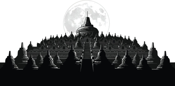 Buddhist temple, Borobudur, moon, black silhouette, gray vector illustration, ancient architecture