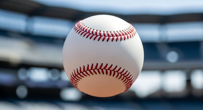 A baseball flying through the air at a stadium with red stitching
