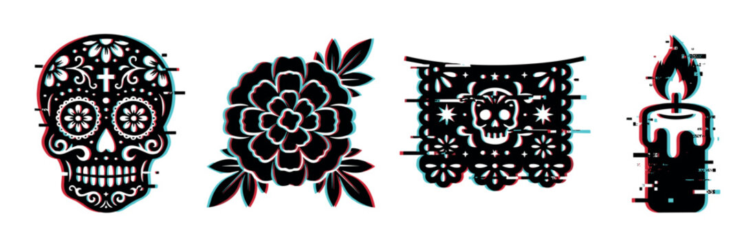Day of the Dead symbols with a modern glitch effect, including a sugar skull, marigold, papel picado, and candle.