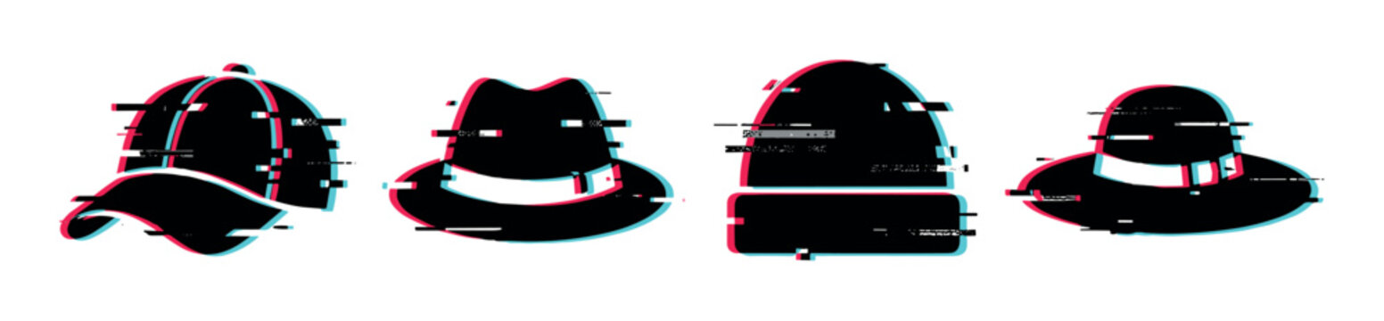 Hats headwear collection with digital glitch effect, featuring various styles like baseball cap, fedora, beanie, and wide-brimmed hat, creating a modern distorted aesthetic.