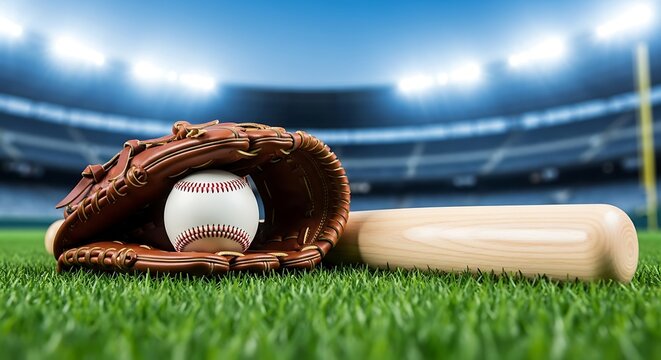 Baseball glove with ball and bat on green grass field in stadium