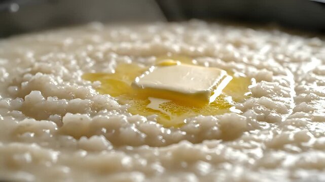 Close up of creamy grits with a pat of butter melting on top.