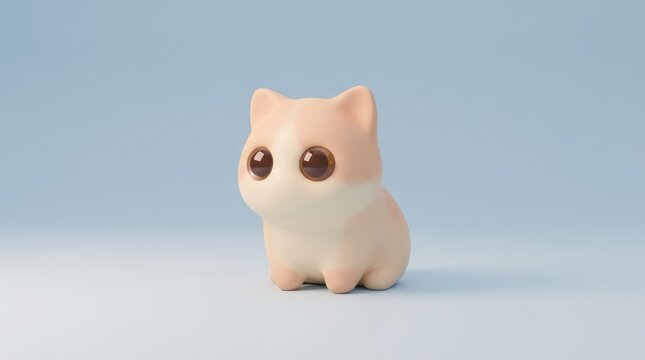 Charming minimalist 3D cartoon pastel pink cat figurine with large expressive eyes, sitting on plain light blue background, cute and stylish toy design, isolated studio lighting