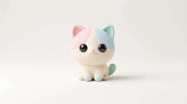Charming pastel-colored cartoon cat figurine with pink and blue headwear, sitting upright on white background, minimalist studio lighting, cute plush toy for home decor or children's room