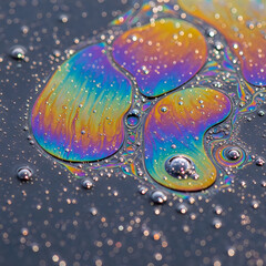 Naklejka premium Rainbow oil slick with bubbles on dark surface iridescent colors.