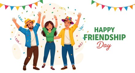 Fototapeta premium Celebrating friendship day joyful friends raising hands with confetti and festive banners