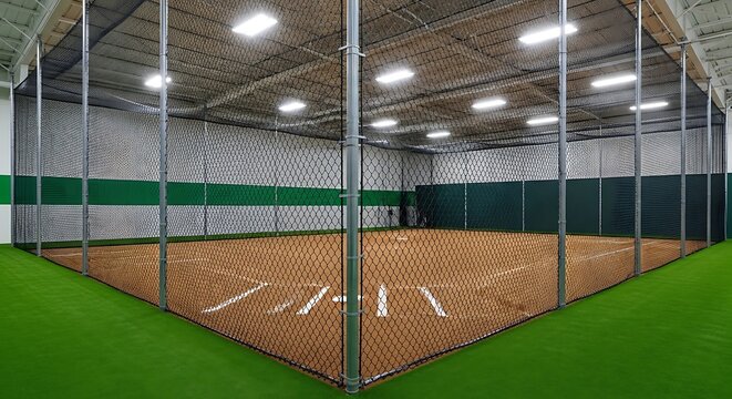 Indoor baseball batting cage with green turf and white lights