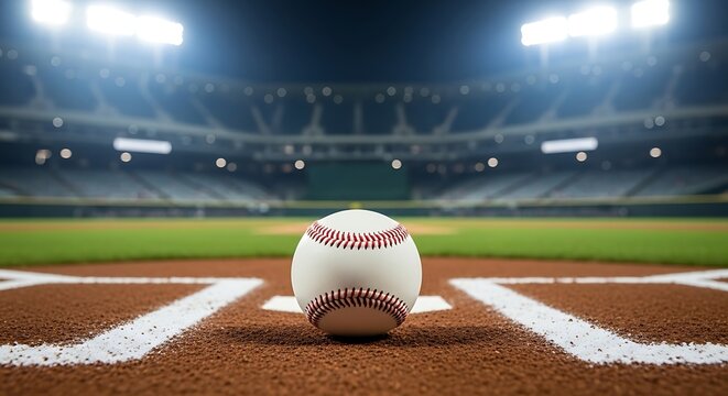 A baseball sits on home plate at a stadium with bright lights