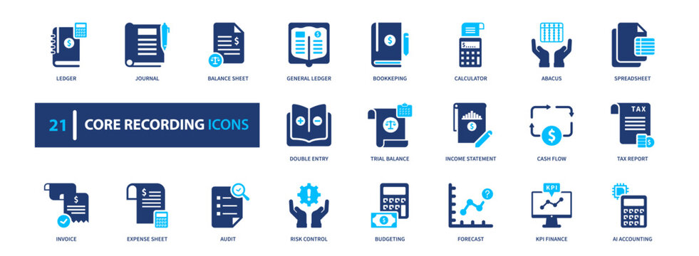 Core recording icon set. data, record, logging, tracking, documentation. solid style icon collection.