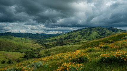 Fototapeta premium Panoramic view of rolling green hills covered with yellow wildflowers under dramatic storm clouds in moody natural landscape