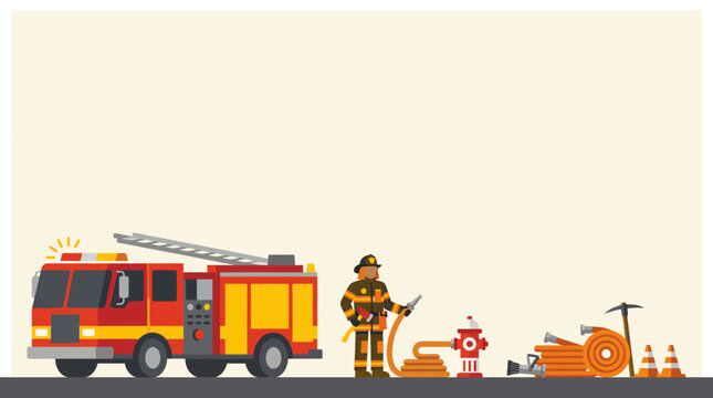 Fire truck and firefighter with equipment on roadside.leave space for text