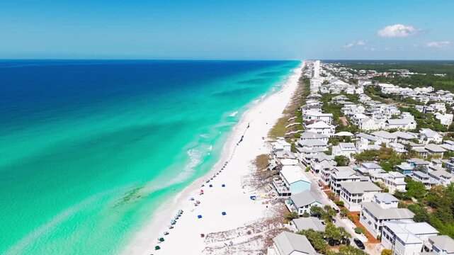 Aerial panoramic view of a long coastal Ramsgate Beach strip with turquoise Gulf, Santa Rosa Beach, Florida, USA