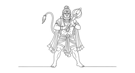 Fototapeta premium Intricate line art of a mythic warrior figure adorned with traditional elements and holding a staff, showcasing detailed costume
