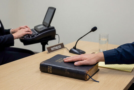 Witness Swearing Oath on Holy Bible with Court Reporter Typing Testimony