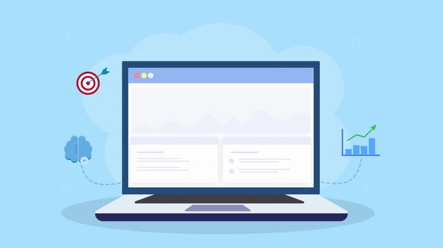 Flat vector animation of a laptop dashboard with target, brain, and growth chart icons. Concept of business strategy, goal setting, data analysis, and performance improvement.