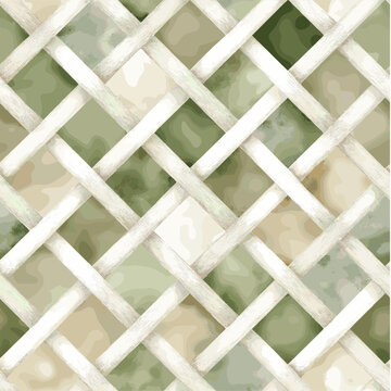 Shabby chic watercolor lattice pattern designing elegant background. Seamless lattice pattern creating a rustic watercolor background in muted green and beige tones