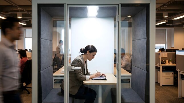 Professional working on tablet inside glass acoustic pod in modern office