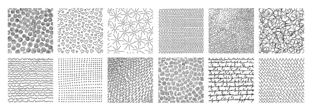 Crosshatch textures featuring hand-drawn line work and doodle pattern vector illustration set. Pencil sketch hatching with geometric grunge strokes, dots, and vintage scribble elements for background.