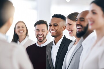 Obraz premium Diverse business team smiling and laughing together representing teamwork happiness collaboration and positive workplace culture