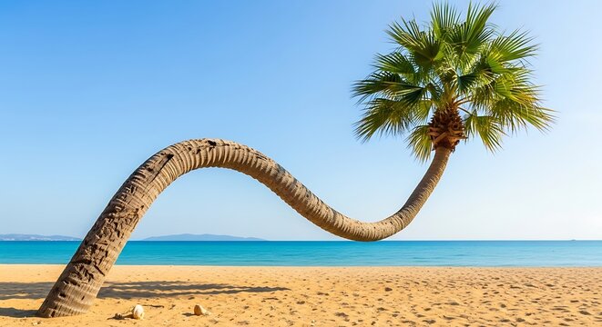 Curved Palm Tree Bending Over Sandy Beach Towards Turquoise Ocean